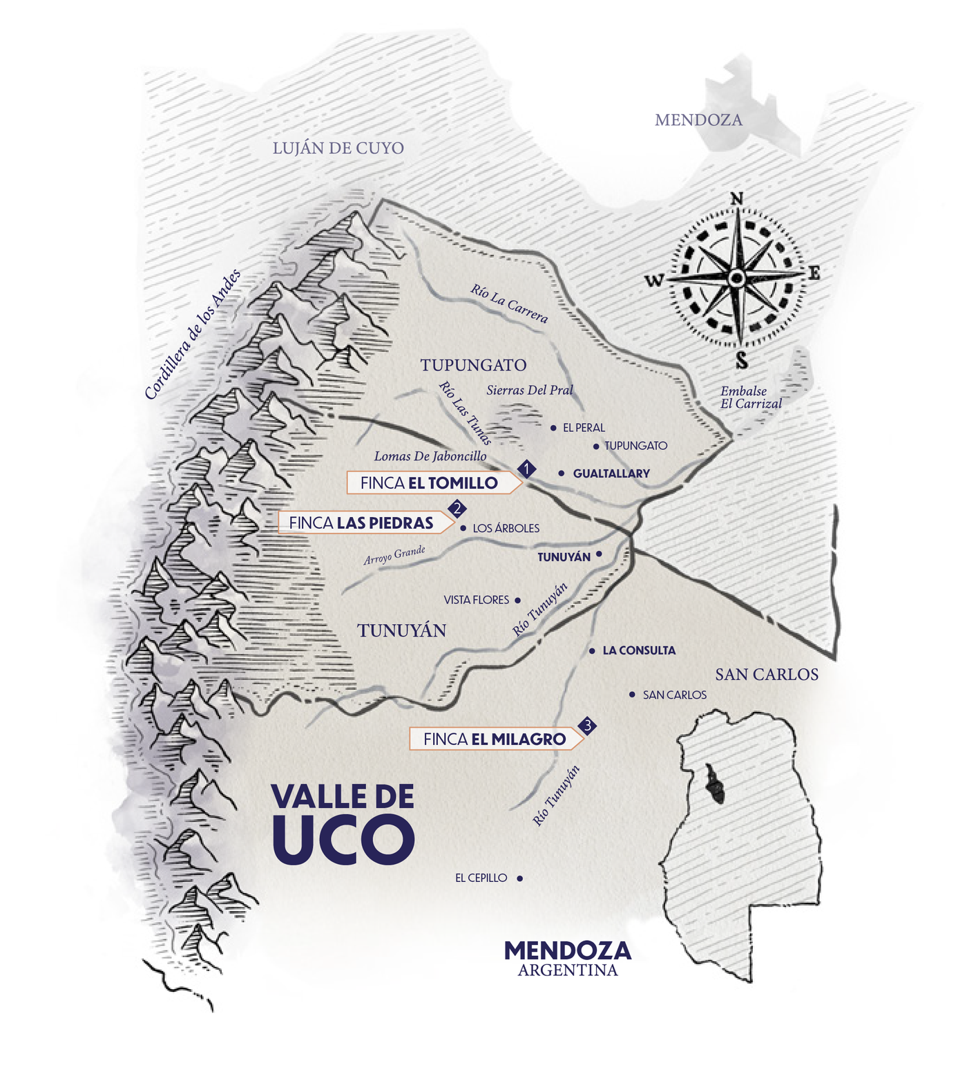Mapa del Valle de Uco, Mendoza: Finca El Tomillo señalada en Gualtallary, entre Tupungato al norte y Tunuyán al sur, junto a las fincas Las Piedras y El Milagro, con la Cordillera de los Andes al oeste.