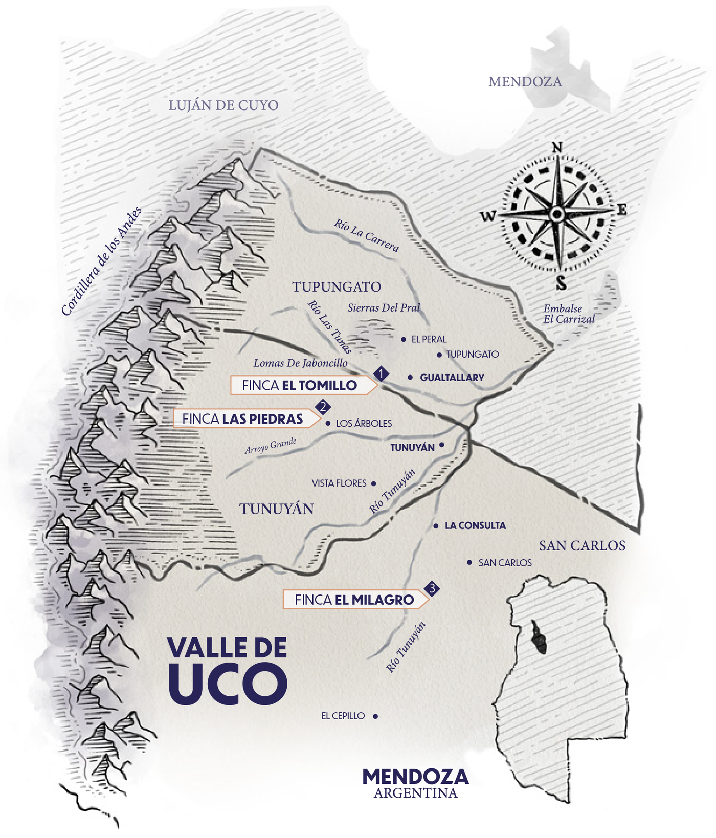 Mapa del Valle de Uco, Mendoza: Finca El Tomillo señalada en Gualtallary, entre Tupungato al norte y Tunuyán al sur, junto a las fincas Las Piedras y El Milagro, con la Cordillera de los Andes al oeste.